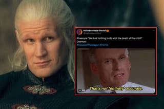 Matt Smith as Daemon Targaryen with a tweet overlay featuring a meme from the show 