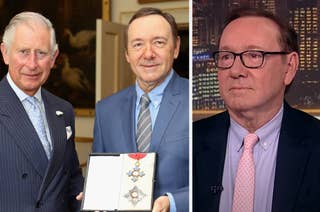 Prince Charles and Kevin Spacey on the left, with Spacey holding an award. Kevin Spacey in a studio interview on the right