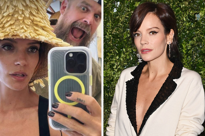 Lily Allen taking a selfie with a man in a large straw hat, and Lily Allen on the red carpet wearing a plunging black-and-white outfit with statement earrings