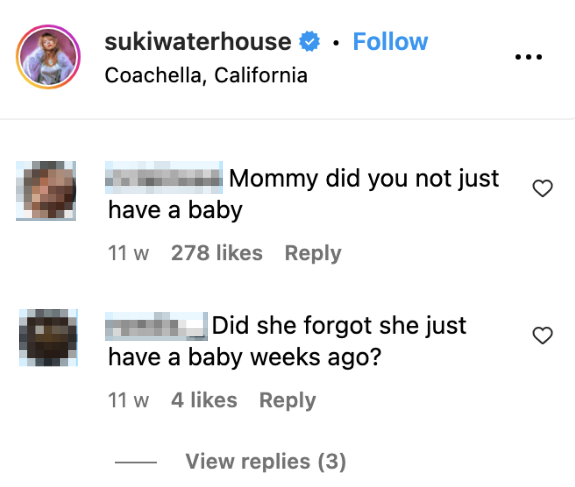 Screenshot of Instagram comments on Suki Waterhouse&#x27;s post