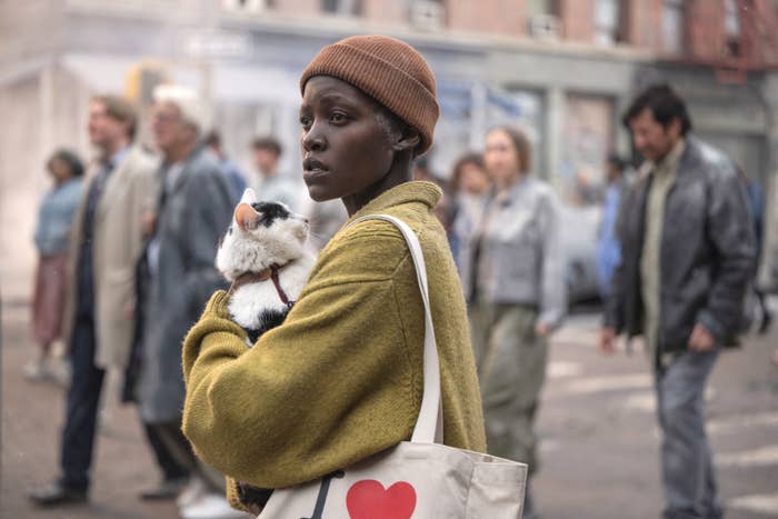 Lupita Nyong&#x27;o wearing a beanie and a coat holds a cat and a tote bag with a heart design. She stands on a city street surrounded by walking people.