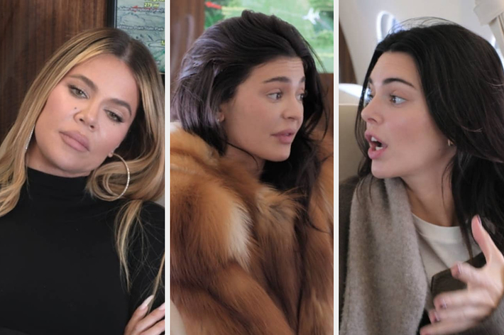 Khloé Kardashian, Kylie Jenner in a fur coat, and Kendall Jenner are talking in a triptych collage